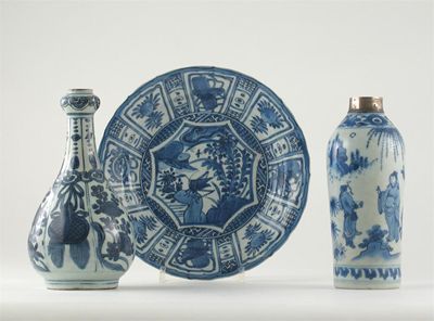 Appraisal: Two Chinese blue and white vases and a moulded plate