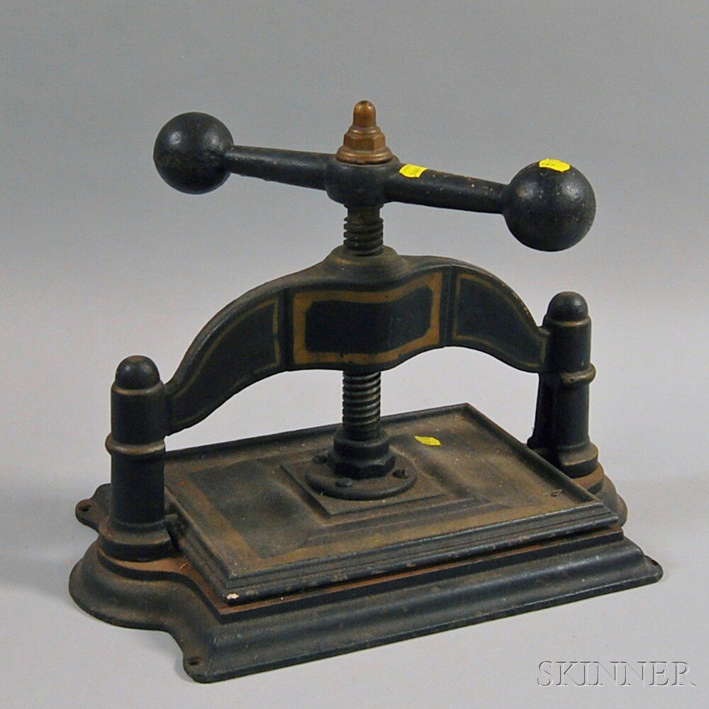 Appraisal: Black-painted Cast Iron Book Press with yellow-painted trim ht wd