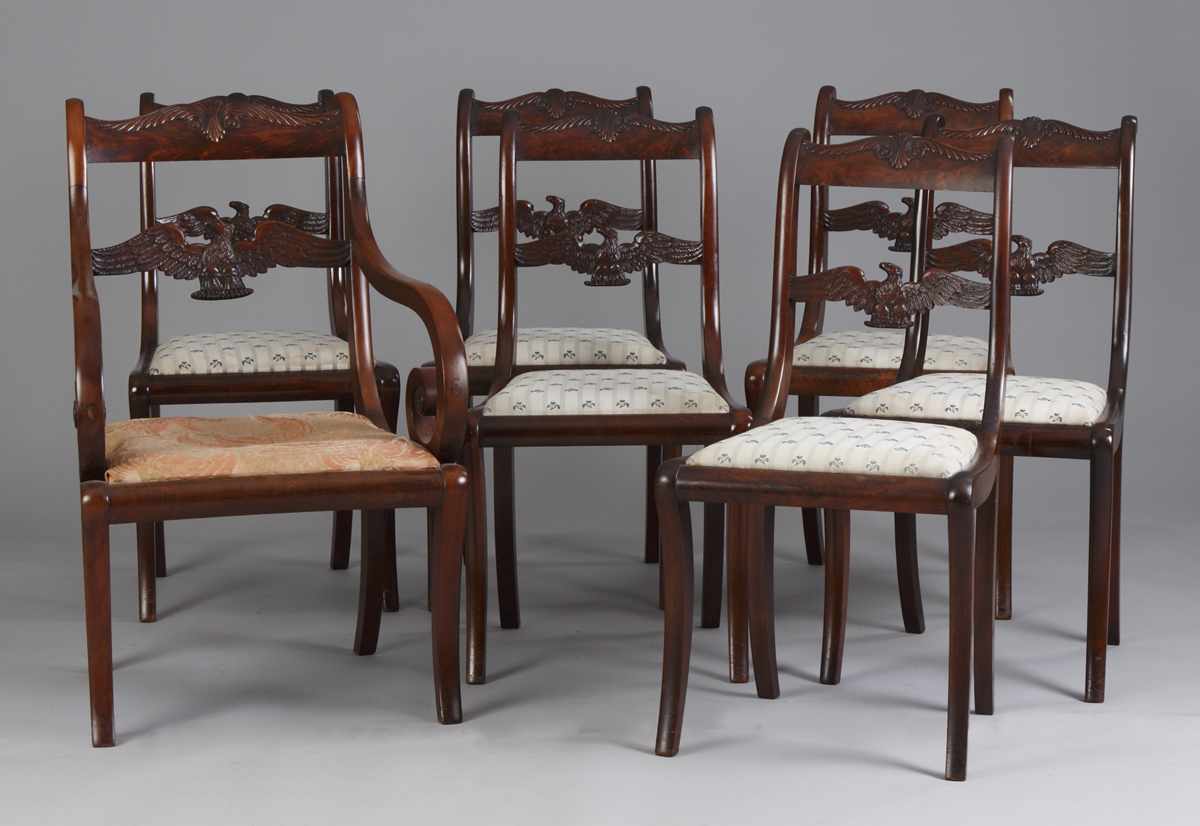 Appraisal: Set Carved Mahogany Dining Chairs Eagle back-splat Original finish patina