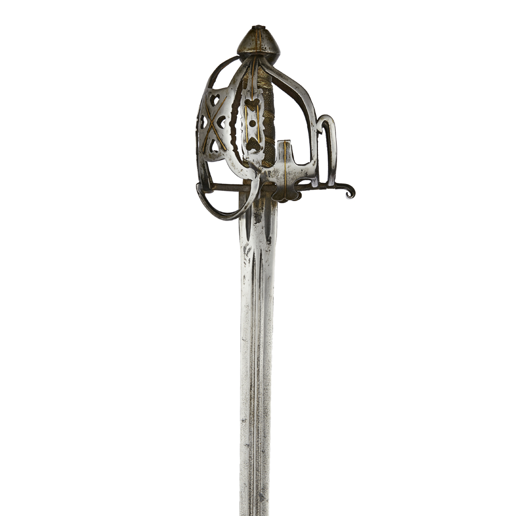 Appraisal: A SCOTTISH BASKET HILT SWORD CIRCA elongated side guards pierced