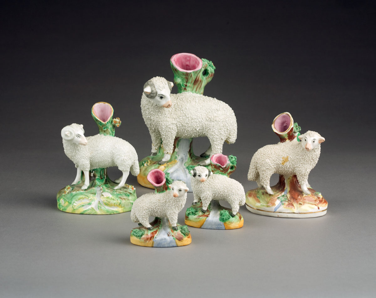 Appraisal: FIVE STAFFORDSHIRE RAM AND EWE FIGURAL SPILL VASES TWENTIETH CENTURY