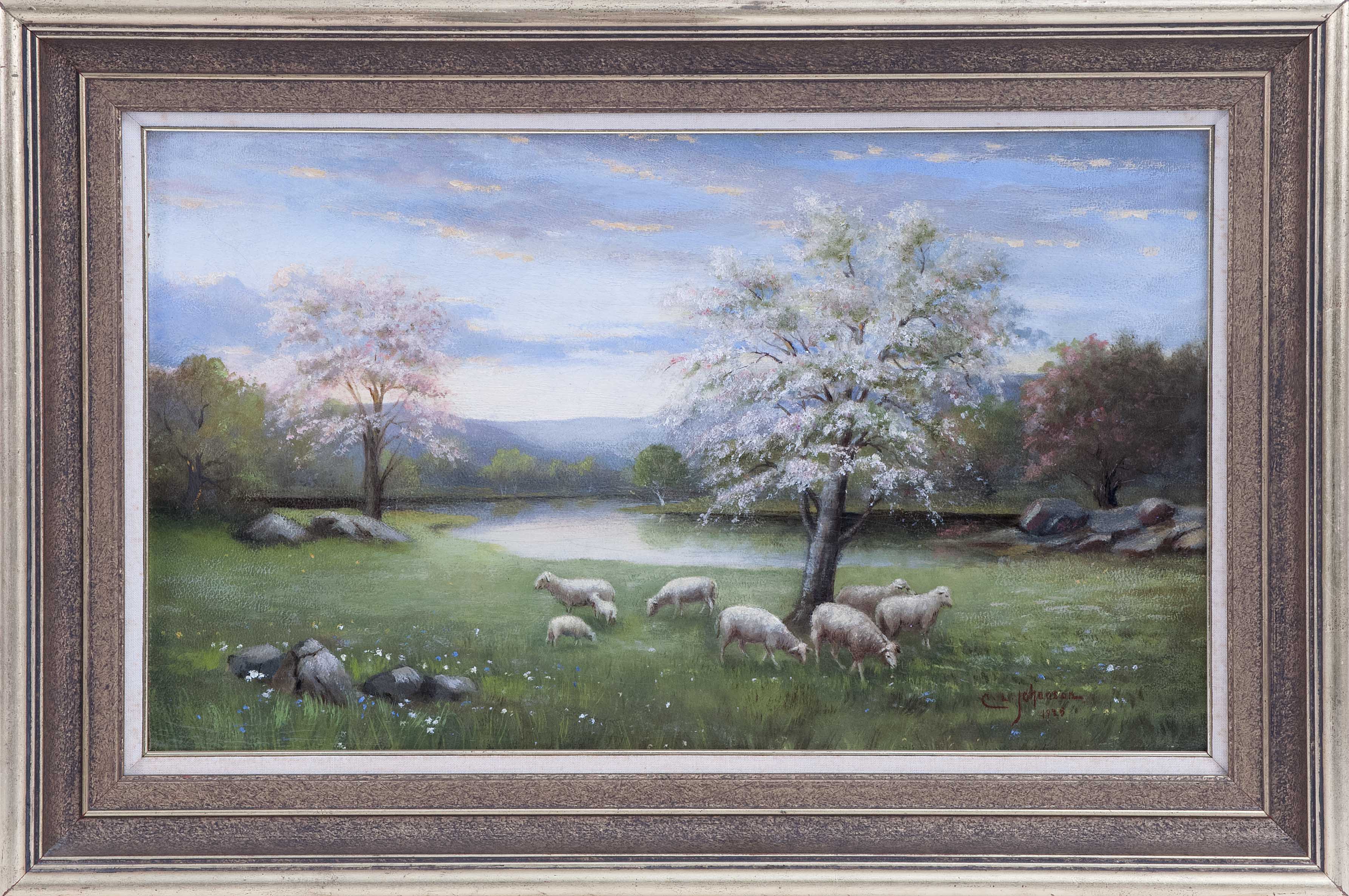 Appraisal: AMERICAN SCHOOLDated Sheep grazing in a meadow Signed and dated