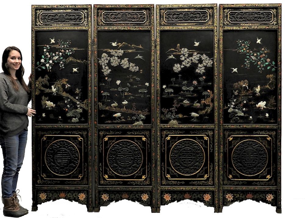 Appraisal: Chinese Carved Lacquer Jade Malachite Coral Screen China Circa Four