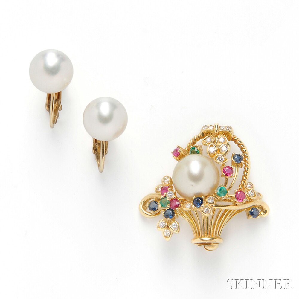 Appraisal: Cultured Pearl Pendant Brooch and Earclips an kt gold flower