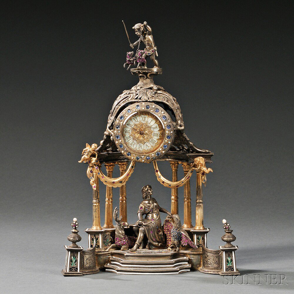 Appraisal: Viennese Silver Gilt-metal Enameled and Jeweled Architectural Clock Austria late