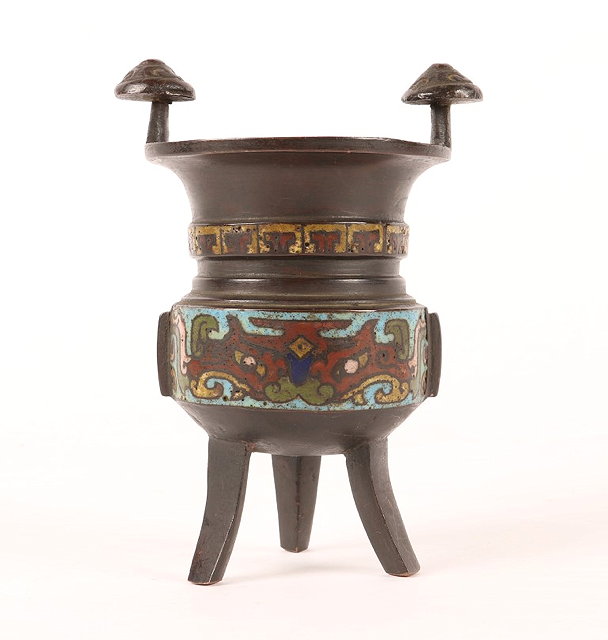 Appraisal: AN ANTIQUE ORIENTAL CHAMPLEV ENAMELLED BRONZE CENSER with a triform