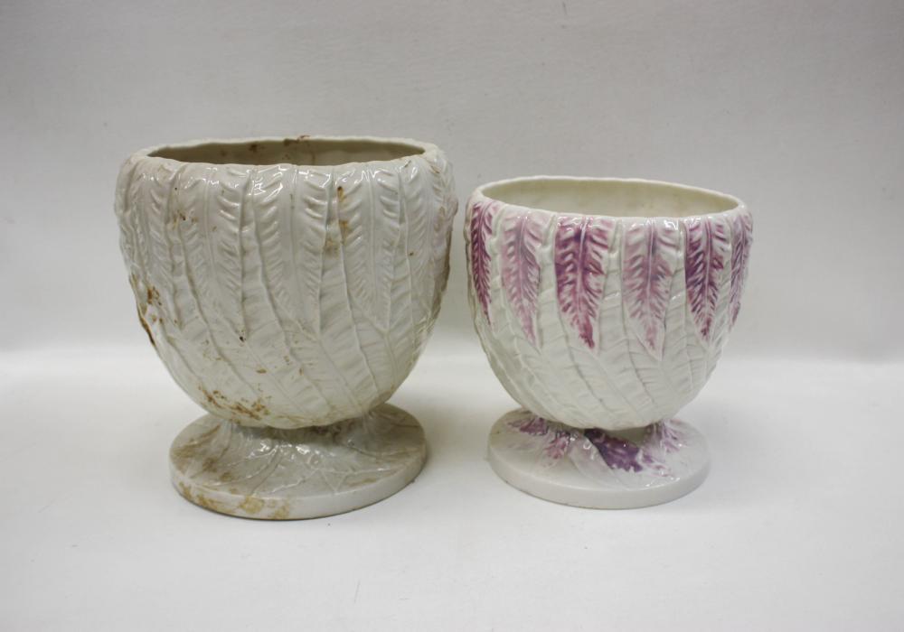 Appraisal: TWO BELLEEK PARIAN PORCELAIN FERN FLOWER POTS including the First