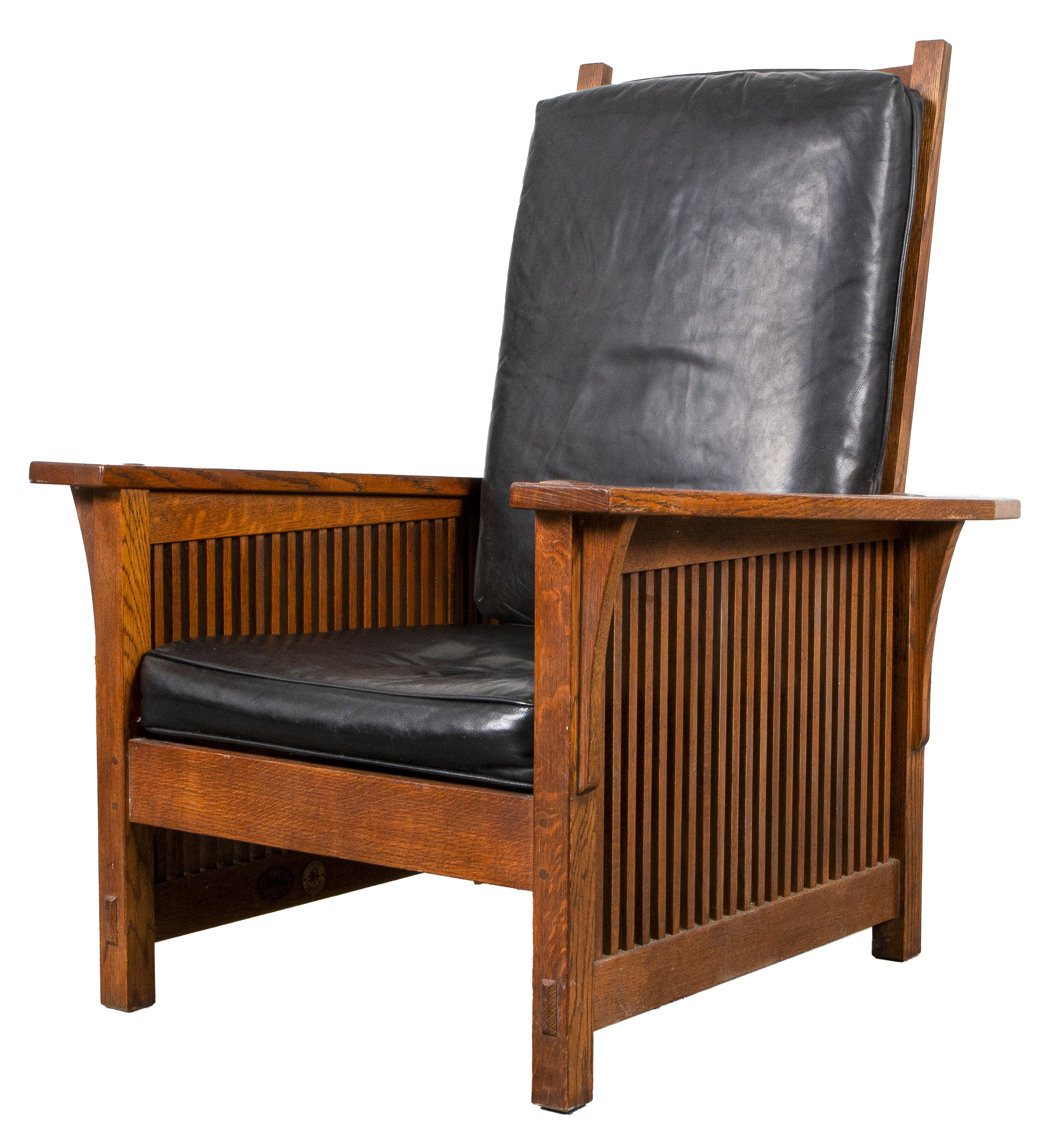 Appraisal: STICKLEY MANNER OAK AND BLACK LEATHER ARMCHAIR Stickley style Arts