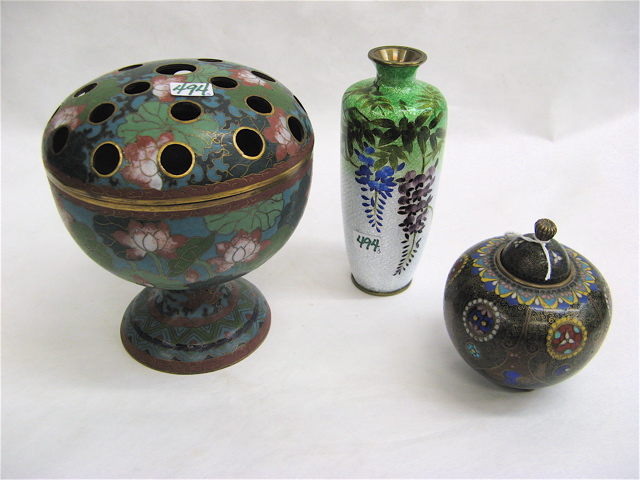 Appraisal: THREE JAPANESE CLOISONNE ITEMS a pedestal vase with frog cover