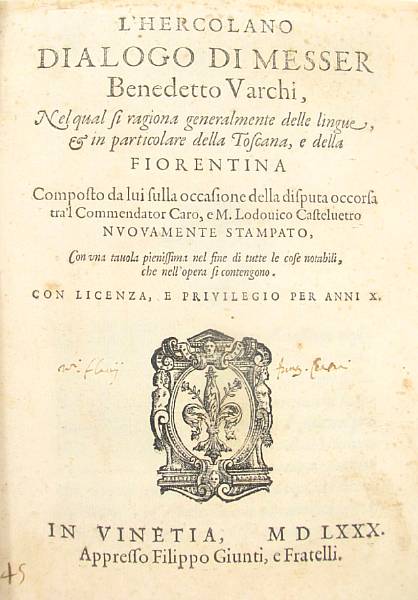 Appraisal: Varchi Benedetto L Hercolano dialogo Venice Filippo Giunti e Fratelli