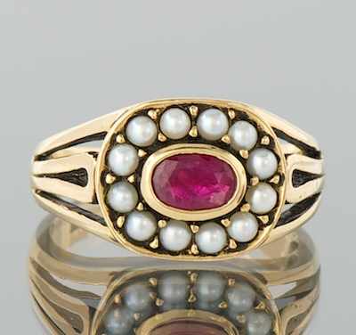 Appraisal: A Delicate Ruby and Pearl Ring Yellow gold ring featuring