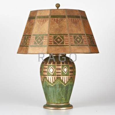 Appraisal: ART DECO LAMP Verdigris patinated bronze and mica shade both