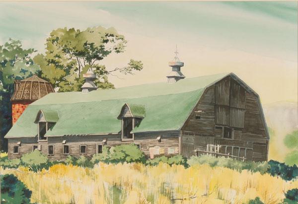 Appraisal: Large landscape painting with weathered barn and silo surrounded by