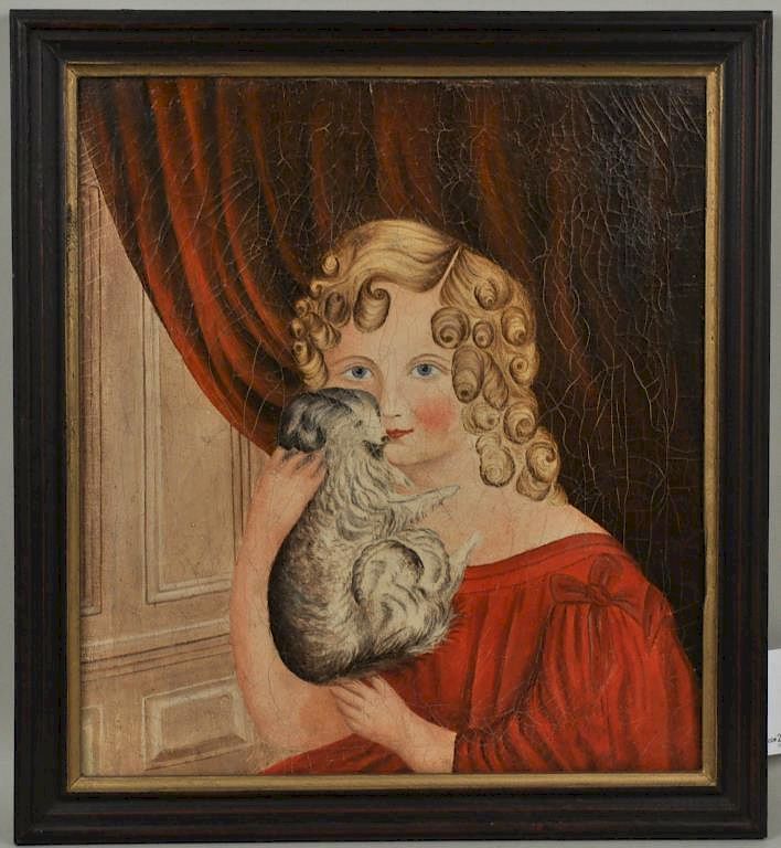 Appraisal: Folk Art O C Portrait of Young Lady Holding Dog