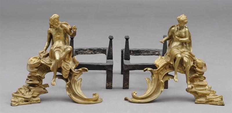 Appraisal: PAIR OF LOUIS XV STYLE GILT BRONZE FIGURAL CHENETS Modeled