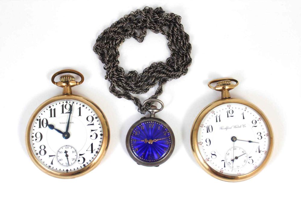 Appraisal: THREE OPEN FACE POCKET WATCHES Waltham model Vanguard jewel size