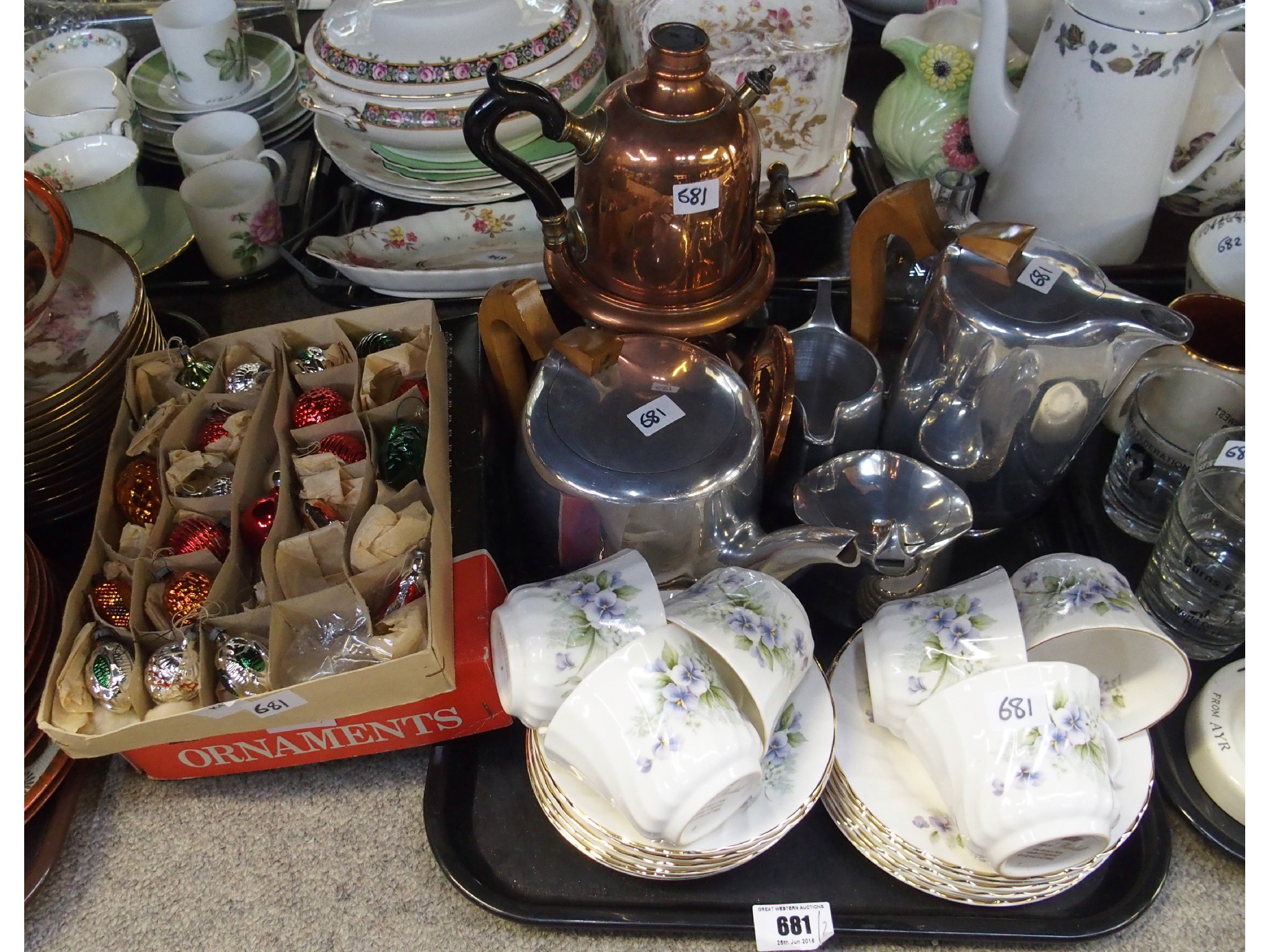 Appraisal: Royal Kendal teaset Picquot Ware teaset copper spirit kettle and