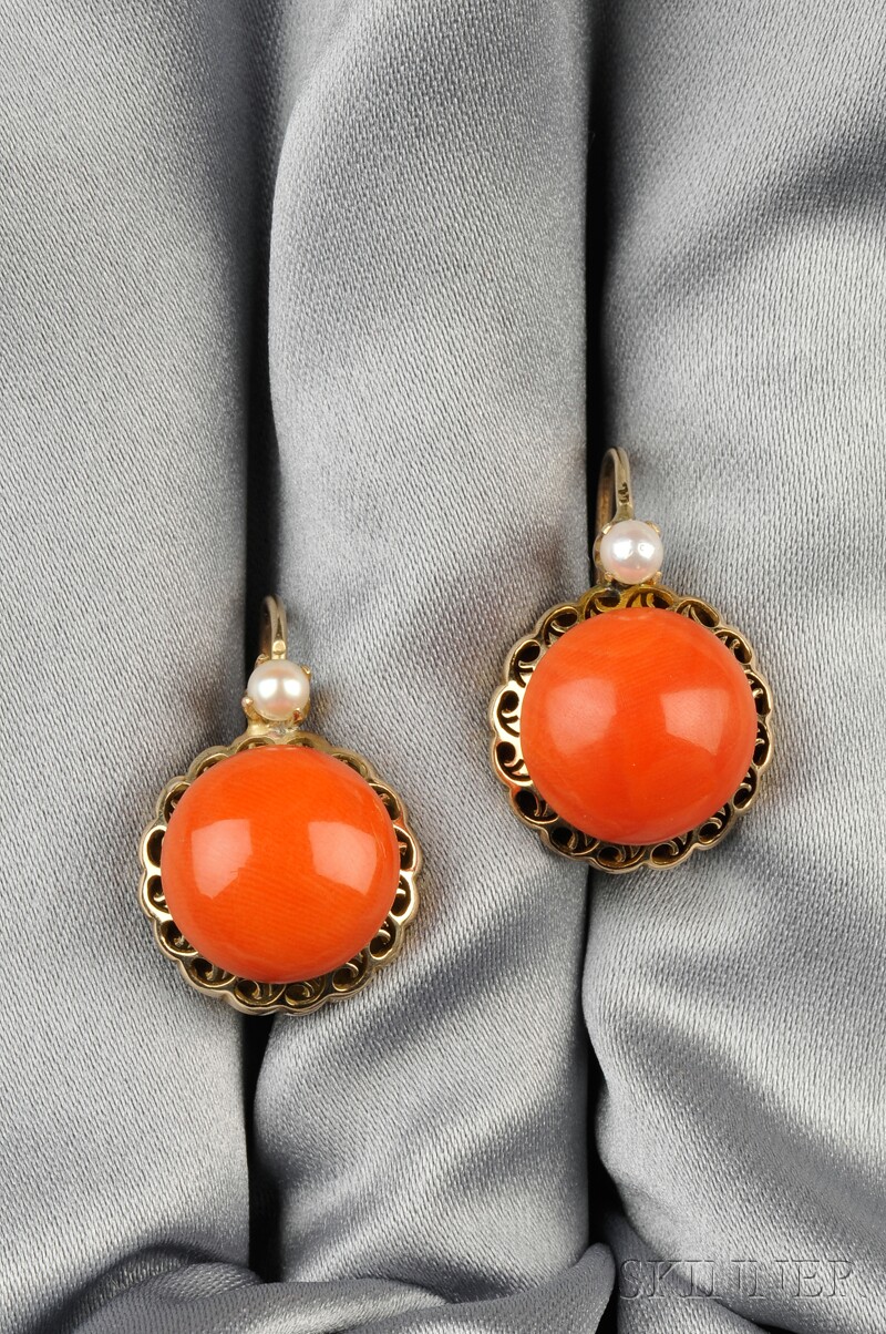 Appraisal: kt Gold Coral and Cultured Pearl Earpendants each set with