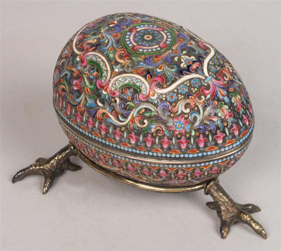 Appraisal: RUSSIAN ENAMEL ON SILVER EGG FORM BOX stamped Khlebnikov in