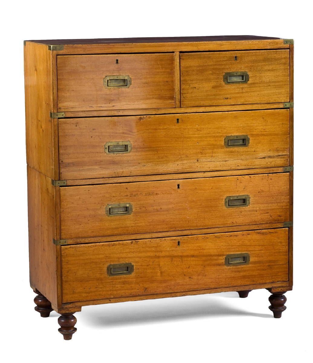 Appraisal: BRITISH BRASS-BOUND MAHOGANY CAMPAIGN CHEST OF DRAWERS In two parts