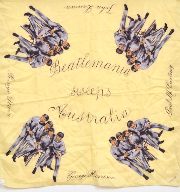 Appraisal: BEATLES AUSTRALIAN TOUR HEAD SCARF butter yellow printed with four