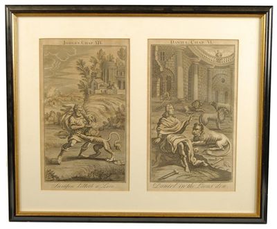 Appraisal: Four Biblical engravings including 'Sampson Killeth a Lion' mounted in