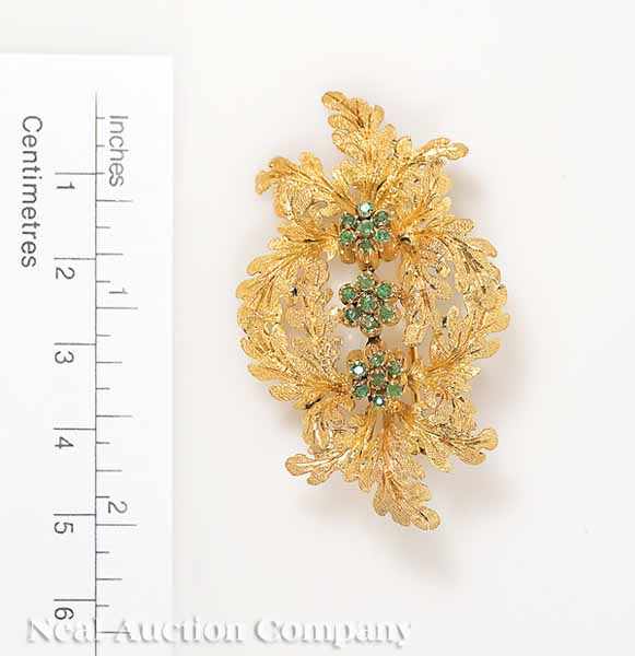 Appraisal: An kt Yellow Gold and Emerald Floral Pin