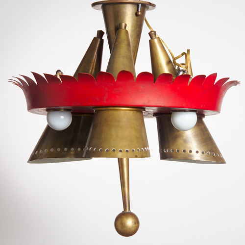 Appraisal: CLAUDE FERRE Red and gold enameled metal chandelier with three