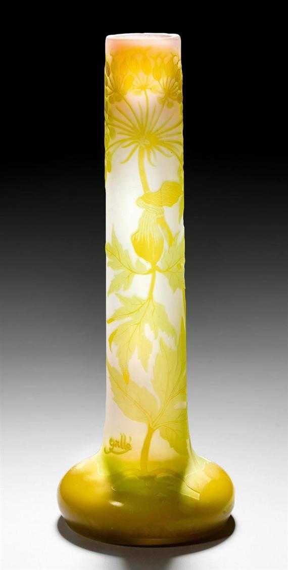 Appraisal: GALL MILE VASE circa Acid-etched white glass with green and