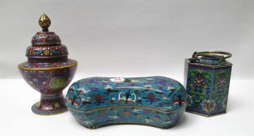 Appraisal: THREE CHINESE CLOISONNE PIECES including an octagonal shape warmer type