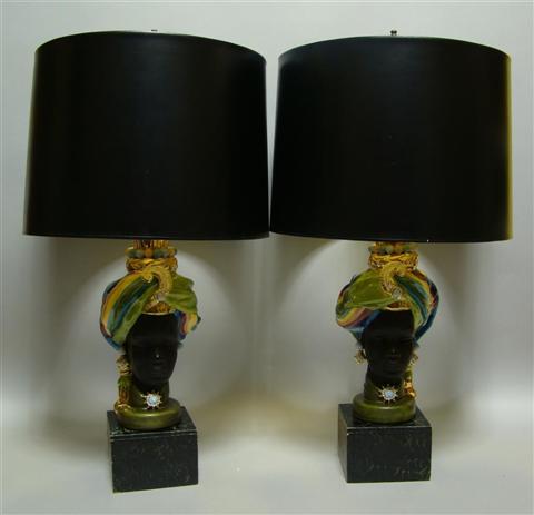 Appraisal: PAIR OF NUBIAN FIGURES IN TURBANS MOUNTED AS LAMPS h