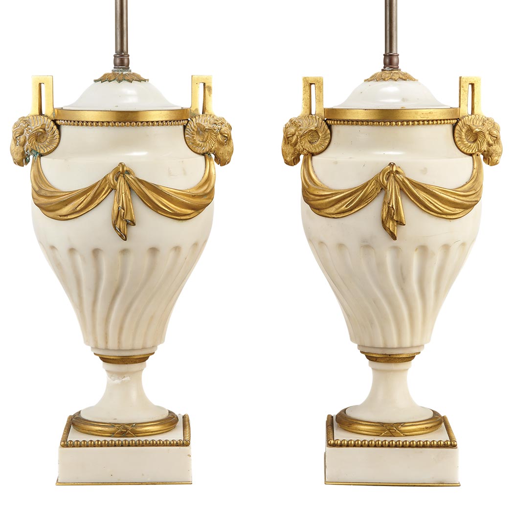 Appraisal: Pair of Louis XVI Style Gilt-Bronze Mounted White Marble Lamps