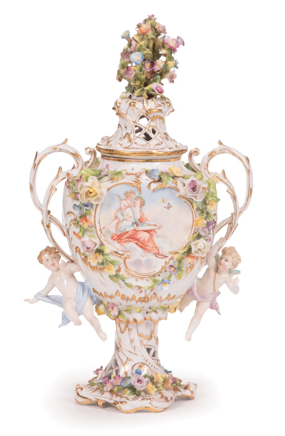 Appraisal: Dresden Polychrome Decorated Flower Encrusted Porcelain Potpourri Urn - Schierholz