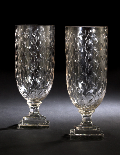 Appraisal: Large Pair of George V Vine-Cut Glass Vases first quarter