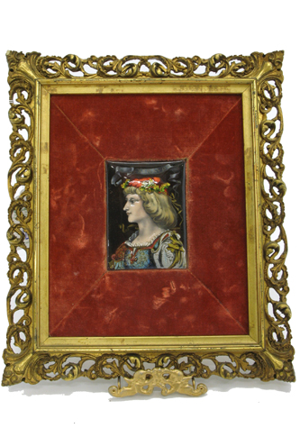 Appraisal: MINIATURE FRENCH ENAMELED PORTRAIT depicting Joan of Arc convex form