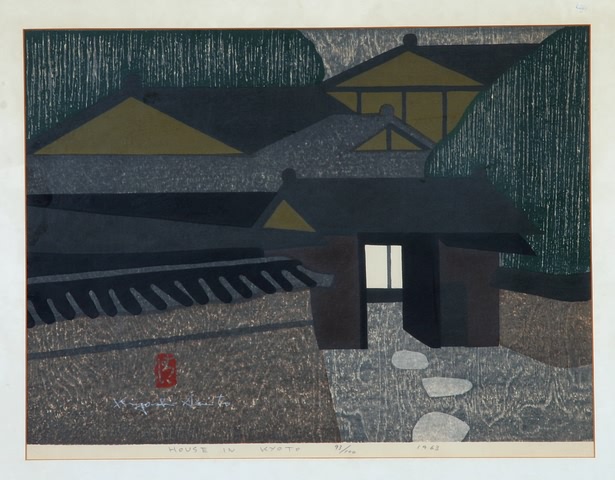 Appraisal: House in Kyoto color woodcut x sight size framed and