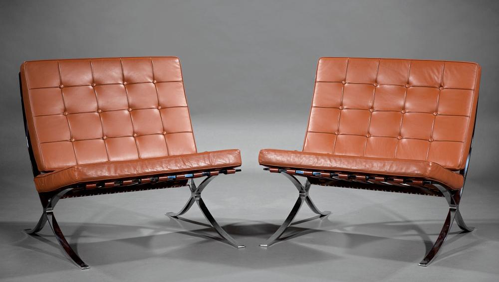 Appraisal: Pair of Chromed Steel and Leather Barcelona-Style Chairs late th