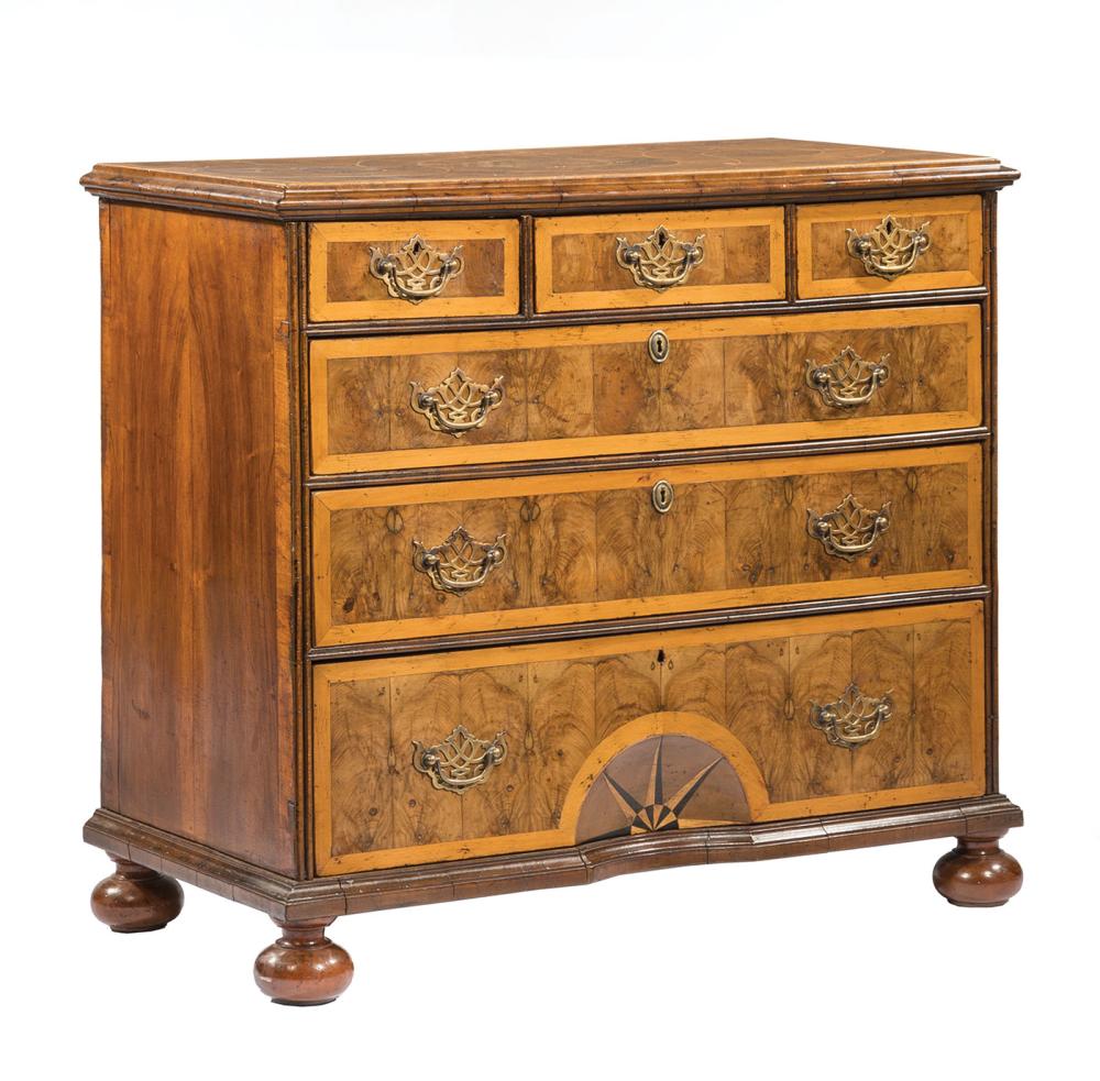 Appraisal: Antique William Mary-Style Oyster Veneer Walnut Chest-of-Drawers geometric inlaid molded