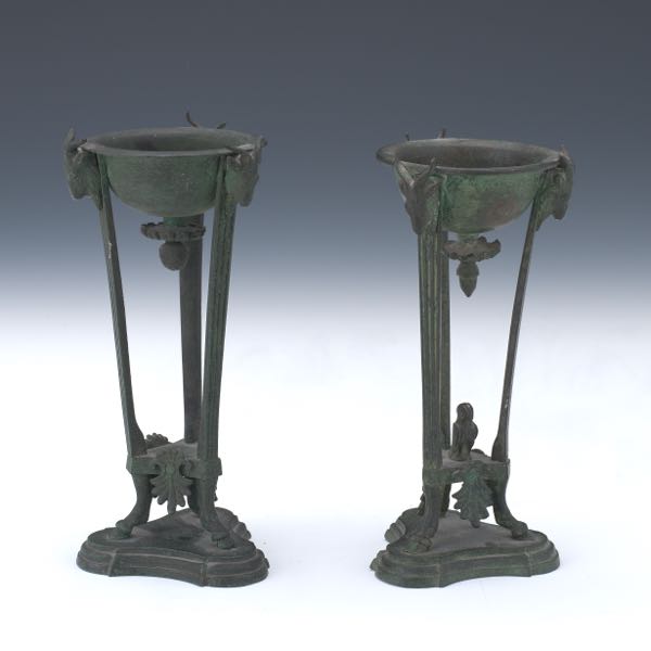 Appraisal: A NEAR PAIR OF ROMAN GRAND TOUR BRONZE INCENSE BRAZIERS