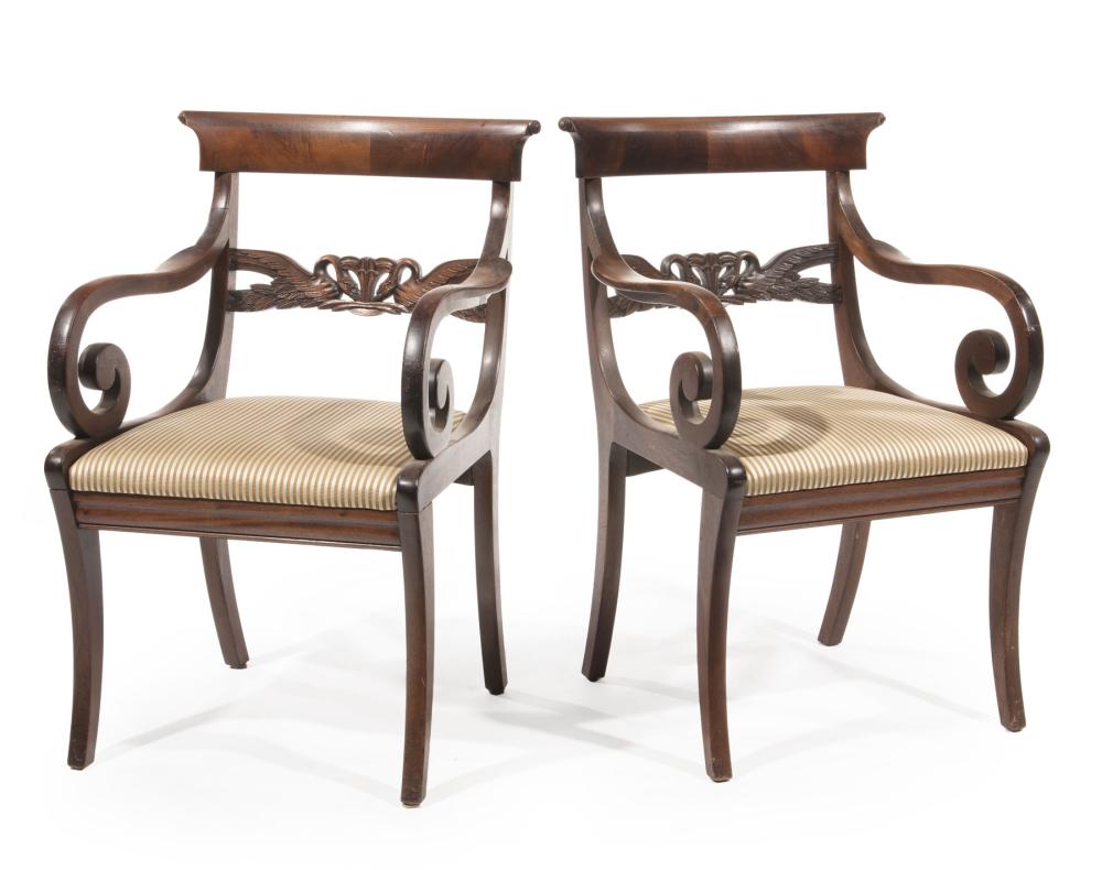 Appraisal: Pair of Antique Late Regency-Style Carved Mahogany Armchairs back-scrolled rail