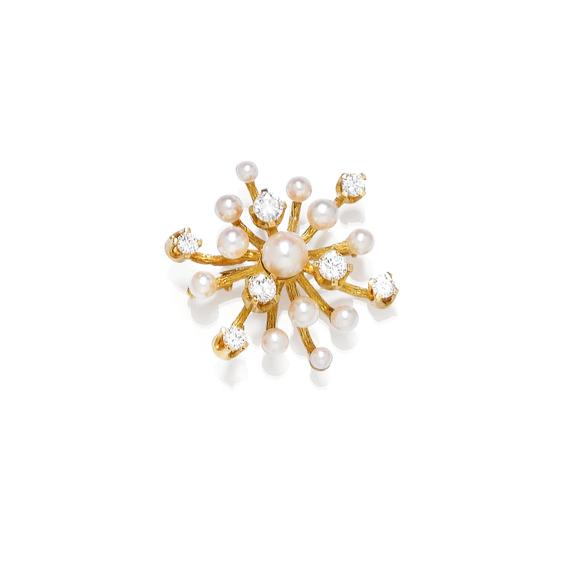 Appraisal: DIAMOND AND PEARL BROOCH Yellow gold Elegant finely textured brooch