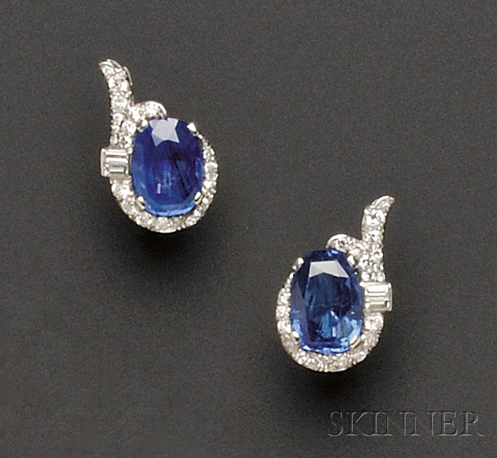 Appraisal: Platinum Sapphire and Diamond Earrings each set with a cushion-cut