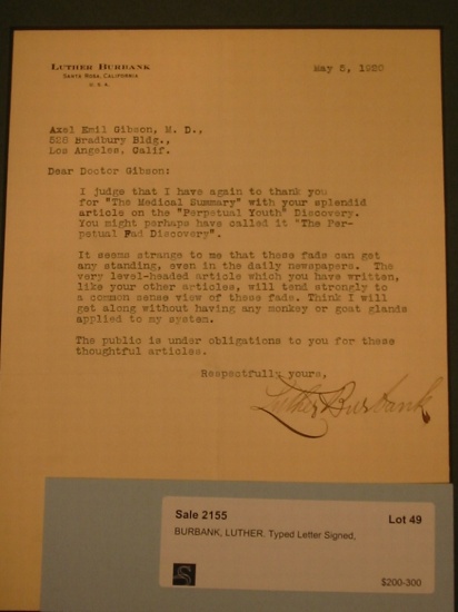 Appraisal: BURBANK LUTHER Typed Letter Signed to Axel Emil Gibson thanking