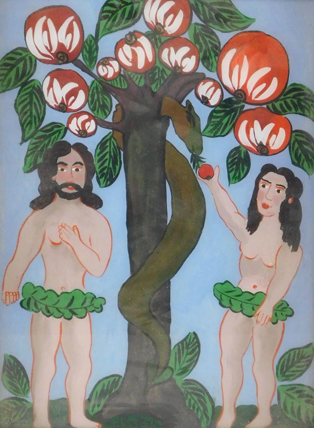 Appraisal: Adam and Eve th C acrylic painting naive folk art