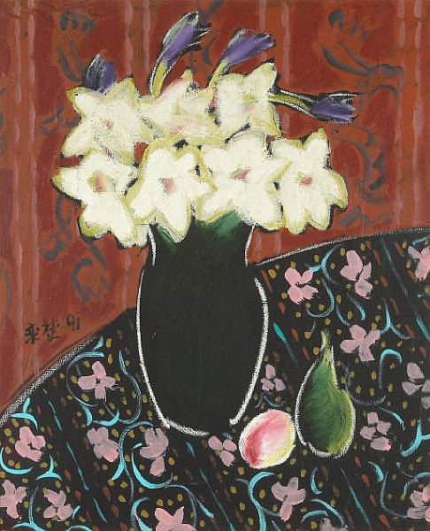 Appraisal: Liang Yifen b Lily Oil on canvas framed and glazed