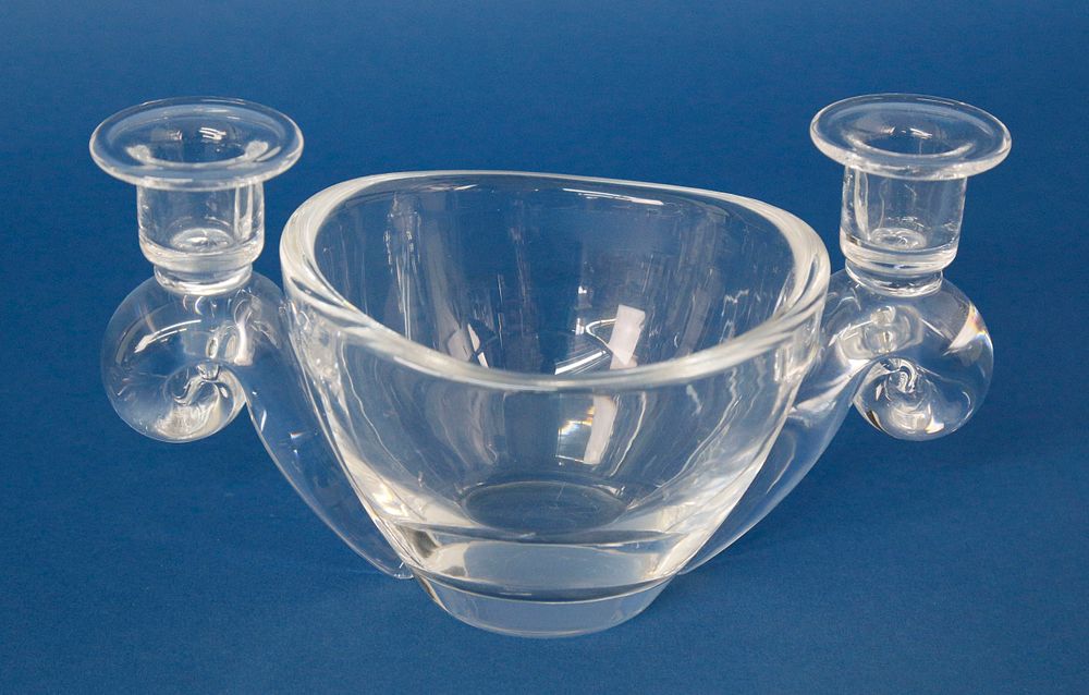 Appraisal: Rare George Thompson Signed Steuben Clear Crystal Double Candle-Holder Bowl