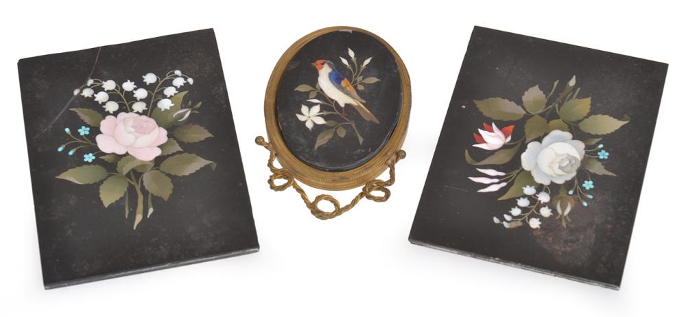 Appraisal: GROUP OF PIETRE DURA PLAQUES INLAID WITH FLORA AND BIRD