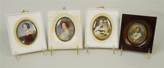 Appraisal: COLLECTION FOUR FRAMED PORTRAIT MINIATURES in ivory frames one depicting