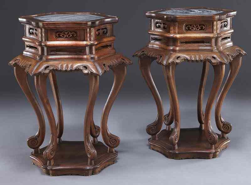 Appraisal: Pr Chinese marble inlaid walnut tables ''H x '' Dia