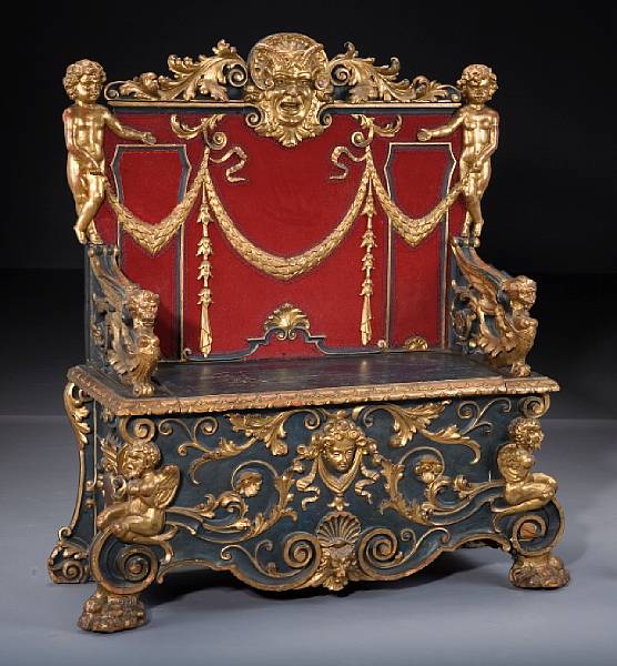 Appraisal: An Italian Renaissance style parcel ebonized and parcel gilt casapanca